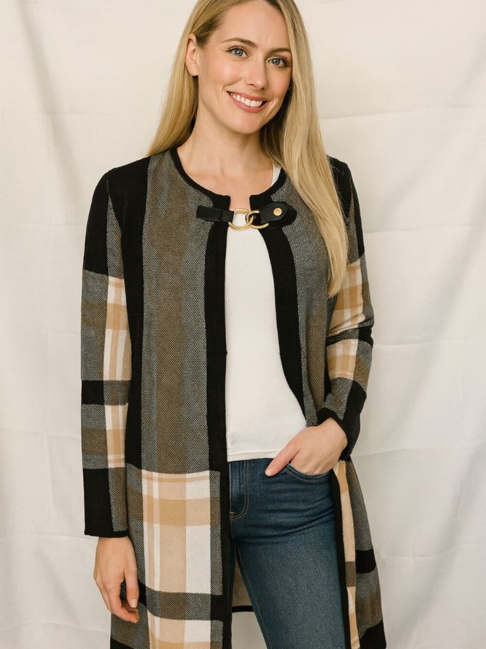ANNE KLEIN Women's Open Front Long Open Cardigan  Snap Camel Plaid Size M